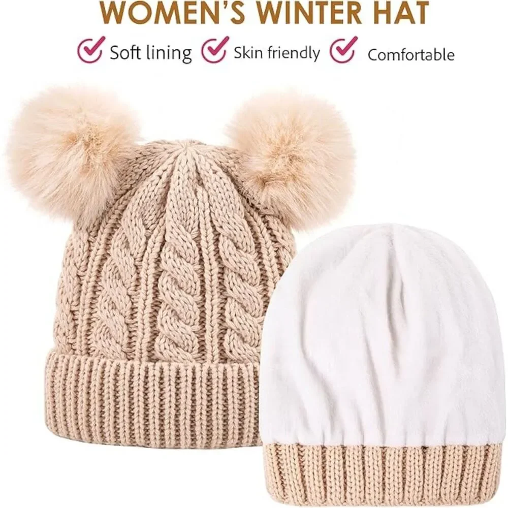 PIOZAED Women's Winter Soft Knit Warm Fleece Lined Beanie Double Pom Hat